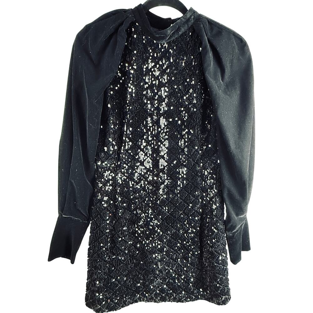 Zara Velvet Trim Long Sleeve Sequin Bodycon Dress Black Size S